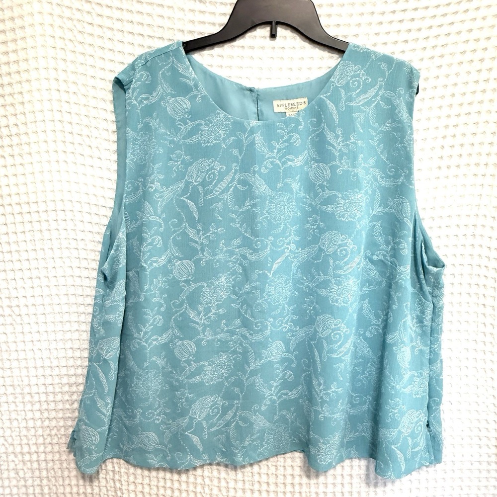 Womens 24W Sleeveless Blouse Lined Gauzey Floral Feminine CottageCore Boho Blue